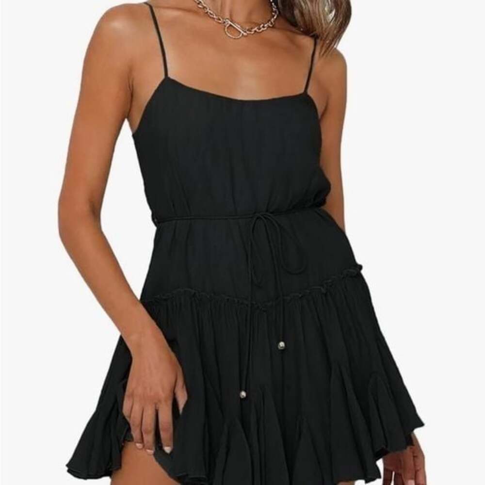 Waist Tie Ruffle Mini A Line Flowy Tiered Short Dresses Black